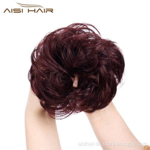Aisi Hair Brazilian Human Hair Curly Wine Red Chignon Bun Elastic Rope Rubber Band Hairpiece Clip In Extension For Black Women